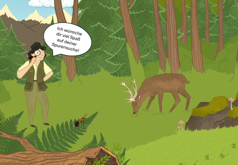 Grafisches Bild mit einer Försterin mit Lupe, die im Wald steht. Daneben äst ein Hirsch und man erkennt Spuren auf dem Boden 