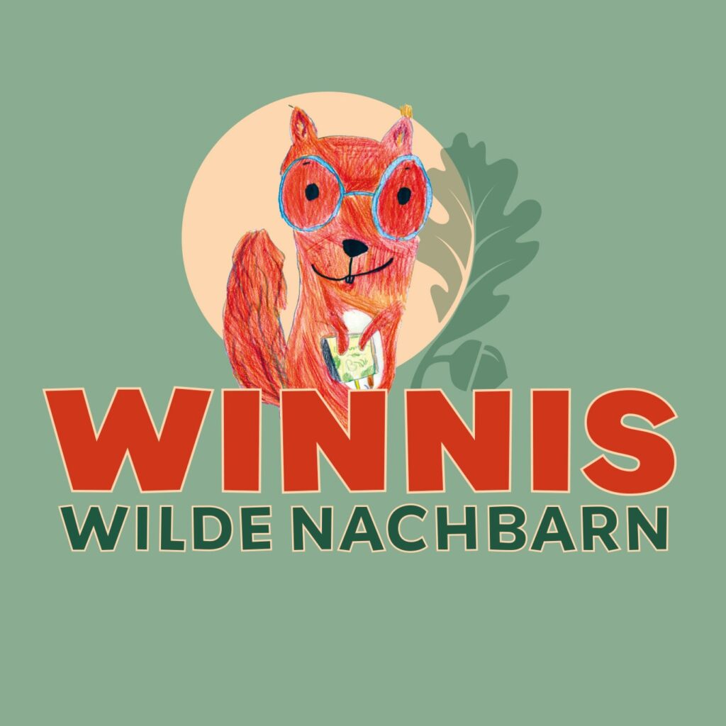 Logo von Winnis Wilde Nachbarn, ein gezeichnetes Eichhörnchen vor grünem Hintergrund